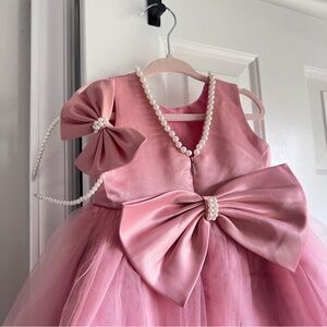 Pink Satin Tulle Flower Girl Dress with Pearl Accents & Pearl Headband Girls